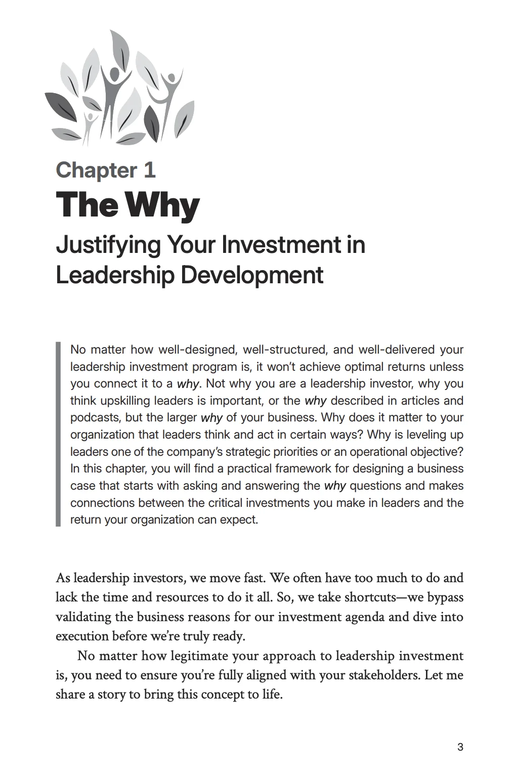 Chapter 1: The Why - Justifying Your Investment in Leadership Development. Opening page of the sample chapter.